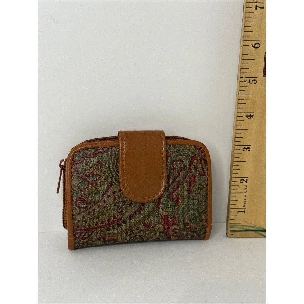 Green Paisley Fabric Wallet Womens Brown Trim Zip Closure Accessory